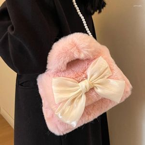 Sacos de noite Luxo Faux Fur Senhoras Bow Bolsa de Ombro Macio Pelúcia Pérola Cadeia Feminina Bolsa Bolsas Doce Mulheres Peludas Pequenas Crossbody