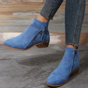 Botas de cowgirl azul para mulheres 2023 Autumn Faux Suede Salto baixo