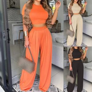 Summer Elegant Women Solid Casual Fitness Tracksuit Set Outfits Short Sleeve Crop Tops Trouser Flare Pants 2 Two Piece 240320