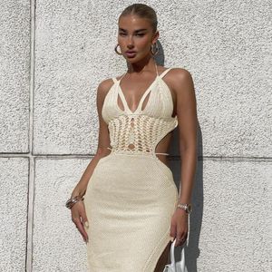 Casual Dresses Meqeiss Sticked Cut Out Halter Sexig backless Summer Beach Dress for Women Elegant Outfits Bandage Slit BodyCon