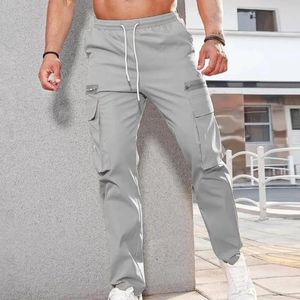 Men's Pants Solid Color Cargo Comfortable With Drawstring Waist Multiple Pockets Soft Breathable Fabric For Casual