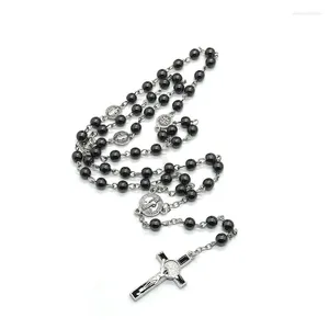 Ожерелья с подвесками, круглые стеклянные бусины, католические четки для ожерелья с крестом, религиозные подвески 4XBF