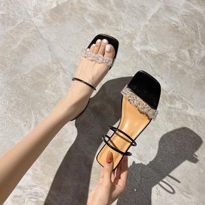 Scarpe eleganti Sandali da donna Stile festa Comode pantofole estive in pelle naturale con perline Beige Nero Trasparente Tacco spesso basso
