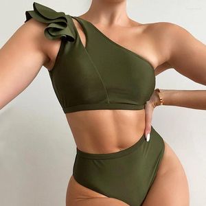 Kadın Mayo Yüksek Bel Mayo Bikinis 2024 Kadın Seksi Bir Omuz Bandaj Kapalı Yaz Plajı Siyah Mayo Takımları Biquinis