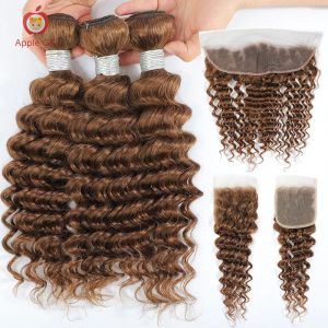 Peruki Ombre Deep Wave wiązki z zamknięciem pakietów głębokich fali z frontalną 99J# 30# 350# Brazylijskie Remy Human Hair Applegirl