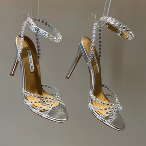 Neue Saison Aquazzura Schuhe Tequila Sandalen 105 Sparkling Party Italy Klare PVC-Kleidschuhe Damen Heels Crysta-Schnalle sexy Riemen Sandale aus 100 % Ledersohle mit Box