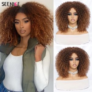 Peruki Ombre Brown Curly Afro Afro Peruka dla czarnych kobiet Krótkie perwersyjne peruki Syntetyczne afrykańskie Halloween Blueless Fluffy Cosplay Codzienne użycie