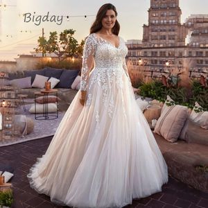 Eleganta v-hals bröllopsklänningar plus storlek spets långärmad kvinnor vit öppen rygg tyll brud klänning svep tåg vestidos de novia 240321