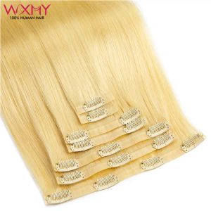 Extensions Blond Straight Hair Pu Clip in Hair Extension Human Hair 1224Inch 100% Remy Hair Extensions 7sts sömlös hud Weft Clipon
