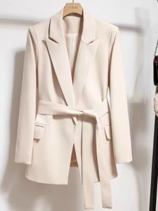 Womens Blazers Spring Autumn Suit Coat Beige Tie Up Jacket Slim Fit Stylish Top Outerwear Office Lady Blazer For Women Clothing 240321