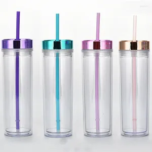 Tumblers Criativo 16oz Acrílico Reto Tumbler Copo de Parede Dupla Bebendo Garrafa Limpar Copos de Suco com Palha Portátil para Viagens Esportivas