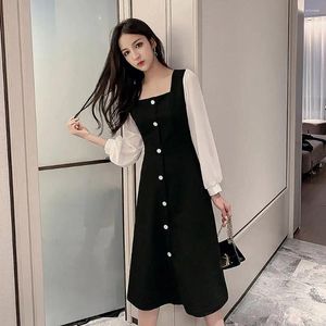 Casual Dresses Spring Dress Wear Long Elegant Square Neck Midi With Button Decor Mesh Patchwork For Women A-line Loose Fit Solid