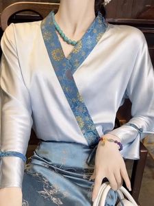 Roupas étnicas Chinês Tradicional Camisa Imitação De Seda Manga Comprida Top Hanfu Mulheres Primavera Outono Qipao Saia Curta Elegante