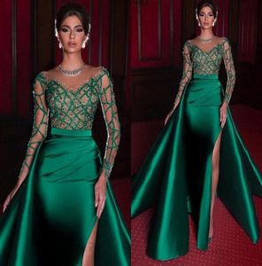 Elegant Mermaid Evening Dresses 2022 Green Formal Dress Long Sleeves Satin Sexy Slit Beads Party Prom Gowns vestidos de noiva1711299