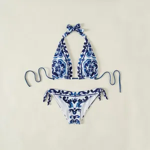 Bikini w bikini damskiej niebiesko-białe ceramiki druk dla kobiet plażowy strój kąpielowy seksowna dzielona dwuczęściowa letnia kąpiel na plaży