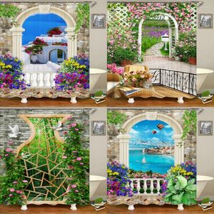 Занавески для душа, 3D европейские сельские городские цветы, пейзажная печать, водонепроницаемая занавеска для ванной комнаты, полиэстер, украшение для дома