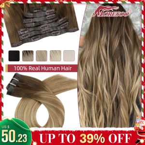 Uzantılar Moresoo PU Klipli Uzantılarda Gerçek İnsan Saç Düz Düzlemsiz Görünmez 7 PCS Balayage Ombre #3/8/22 Makine Remy Saç Doğal