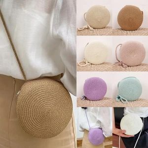 Drawstring Handmade Knitted Round Straw Bag Beach Crossbody For Ladies Children Cute Shoulder Rattan Woven Candy Color Small Handbag