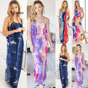 Casual Dresses Boho Long Dress Women Sexig Spaghetti Rem Ruffle Beach Summer Floral Print Vintage Red Maxi Vestidos