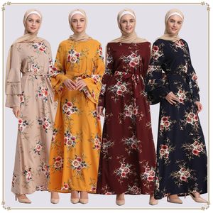 Robe muçulmano Dubai Oriente Médio estampado manga sino vestido longo turquia abaya hijab