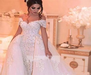 2021 luxury Arabic Wedding Dresses with Detachable Skirt Appliques Beaded Pearls Dubai Wedding Dress Plus Size Bridal Gowns Robe d9053837