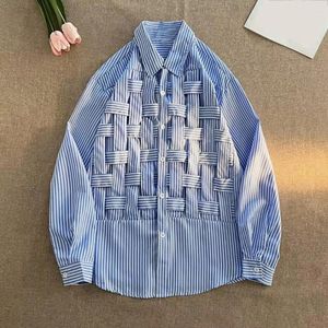 Camisas casuais masculinas homens soltos camisa oca trança design chique lapela para mulheres elegante manga comprida tops com primavera