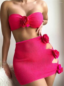 Women's Swimwear Sexy Bandeau Bikini Set 2024 Women Pink 3D Floral Designer Push Up Cover 3 Piece Swimsuit Bathing Suit Skirt