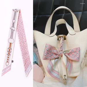 Scarves 2024 Feather Fan Print Silk Scarf For Women Bag Ribbons Fashion Brand Head Small Long