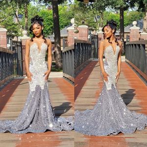 Sparkly Mermaid Prom Dresses Sweetheart Illusion Appliques Lace Sequined Court Gown Sleeveless Custom Made Shining Party Evening Dress Vestido de Noite