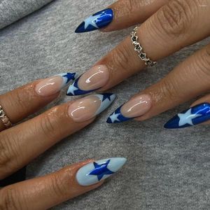 Unhas Falsas Moda Cool Light Blue Stars Profundo Glitter Forma de Amêndoa Falso Destacável Imprensa Terminada com Cola