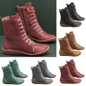 BOOTS MUITAS MULHERES Autumn Vintage Zipper Lace Up Taikle Boots Ladies Retro Leather Sapatos Mulher Alta Top Sapatos Femininos Feminino Feminino