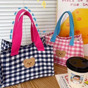 Totes Thicken Insulated Women's Bento Bag Cute Plaid Ladies Clutch Purse Handbags Cartoon Bear Female Daily Storage Small Tote