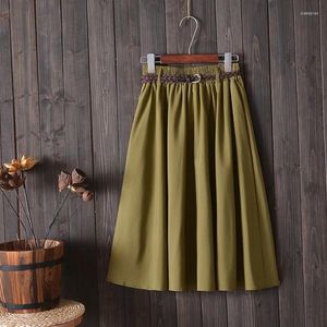 Skirts Midi Knee Length Summer Skirt Women With Belt 2024 Fashion Korean Ladies High Waist Pleated A-line School Female