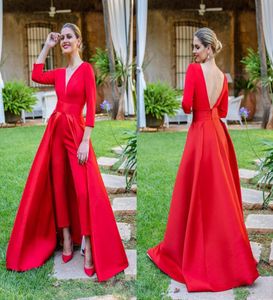 2022 Fashion V neck Back Evening Prom Dresses Jumpsuits formal with pants Detachable Train 34 Sleeves Mother of the Bride Dress S6513791