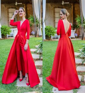 2022 Fashion V Neck Back Evening Prom Dresses Jumpsuits Formella med byxor Löstagbart tåg 34 ärmar Mor till brudklänningen S6513791