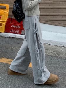 Calças femininas mulheres sweatpants arco fita engrossar 2024 moda coreana cintura alta simples casual doce perna larga calças femininas retas