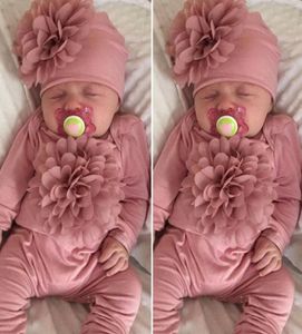 2st Nyfödd baby flicka 018m kläder 3d blomma romper jumpsuit hatt outfit set spädbarn onesie med pannband en bit1012607
