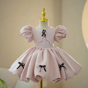 Mädchenjahr Prinzessin rosa Satinschleife Kinder ärmelloses Hochzeitskleid Kinderkleider für Mädchen Kleinkind Geburtstag Partykleid 240309