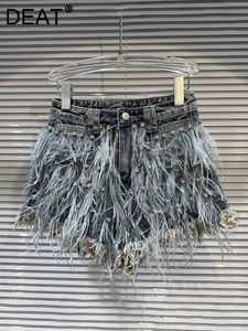 Deat streetwear moda diamante contas penas borlas denim shorts para mulheres cintura alta calças curtas 2024 feminino outono 11xx5620 240321