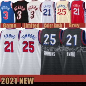 2021 New Joel 21 Embiid Basketball Jersey Ben 25 Simmons Mens Allen 3 Iverson Mesh Julius 6 Erving Retro Cheap Beige