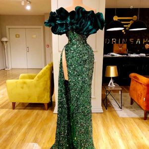 Glitter Green African Dubai Balo Elbiseleri Ruffles yan bölünmüş denizkızı gece elbise vintage seksi resmi parti önlük
