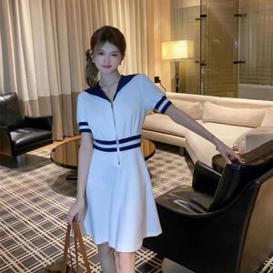 Women's navy collar contrasting waistband letter embroidered short sleeved dress