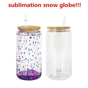 Sublimation 16oz Snow globe tumbler double wall glass tumblers with bamboo lids for Vinyl UV DTF sticker Summer Drinkware Mason Jar drinking cups
