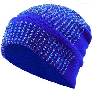 Berets 2024 Warm Acrylic Knitted Artificial Diamond Hats In Autumn Winter Women Men Rhinestone Hip Hop Beanies