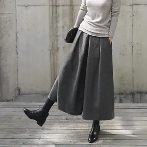 Saias femininas cintura elástica saia de lã calças soltas e emagrecimento perna larga cortada outono inverno
