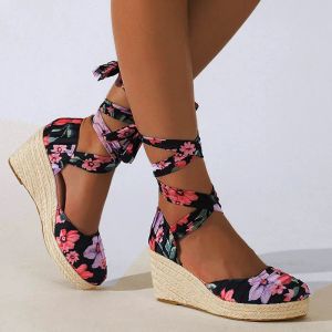 Sandals LIHUAMAO Spring summer flower print wedges sandals bohemia beach shoes women espadrilles heel pumps rope outsole comfort csaual