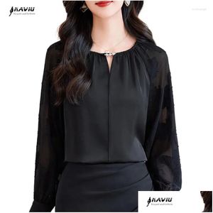 Blusas femininas camisas naviu elegante o pescoço cor sólida camisa feminina preto branco solto casual topos 2024 primavera commute escritório senhoras clo otrin