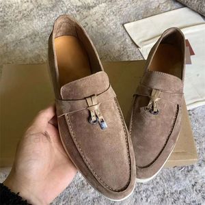 LP Shoes Summer Walk Charms Suede Loafers Moccasins Apricot Genuine Leather Men Casual Slip On Flats Women Luxury Designers Flat Dress Footwear Sizes 36-43