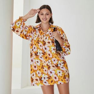 Casual Dresses Puloru Kvinnor Floral Print Shirt Dress Spring Summer Long Bubble Sleeve V-Neck Loose Babydoll för Daily XL-4XL