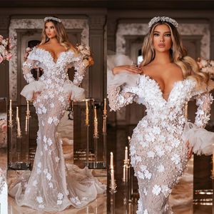 Luxury Wedding Dresses 3D-Flower Shiny Pearl Bridal Gown Off Shoulder Cascading Ruffles Bride Dress Illusion Lace Tulle Vestido De Novia